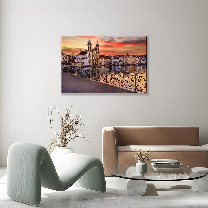 Mordern 1Pcs European Cityscape Canvas Wall Art Scenic Sunset Over River Cathedral with Domes Ready to Hang Architecture Romantic Travel Destination Decorative Framed Artwork for Living Rooms Bedrooms