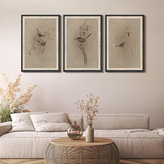 MUDECOR Framed Wall Art Print Set Vintage Bird Wheat Ear Illustrations Modern Art Boho Decorative Colorful Chic for Living Room, Bedroom, Office - 24"x36"x3 Black