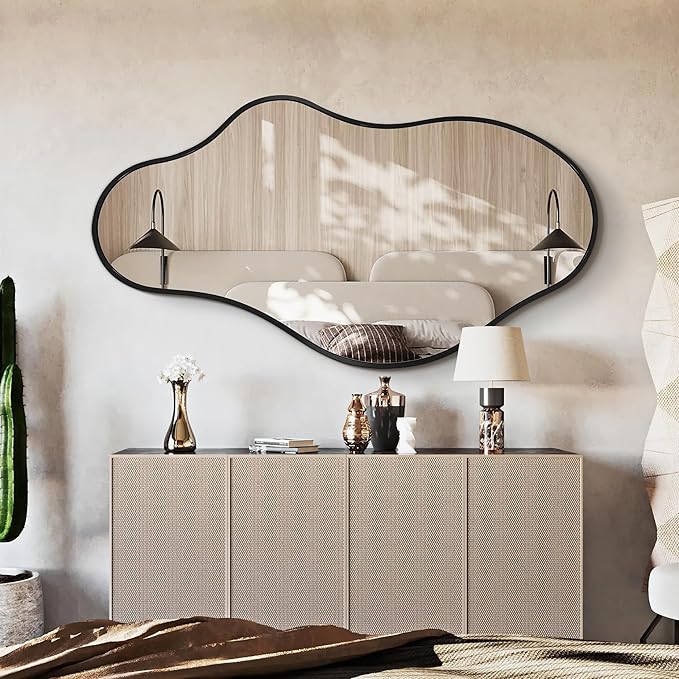 Bathroom Mirrors for Over Sink - Long Wall Mirrors Decorative 24"x 43" Asymmetrical Abstract Aviation Aluminum Alloy Frame Unique for Bedroom, Living Room, Cloakroom, Entryway Black