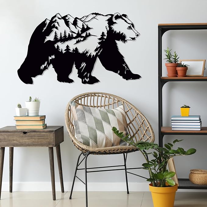 Bear Pine Tree and Mountain Metal Wall Art, Huge Nature Theme Wall Hanging, Wilderness Wall Decor, Forest Decor for House Living Room Bedroom, Natural Scenery Wall Sign, Lodge Decor, Bear Lovers Gift