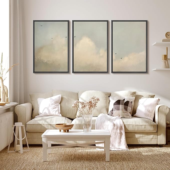MUDECOR Framed Wall Art Print Set Minimalist Serene Sky with Birds Illustrations Modern Art Boho Decorative Colorful Chic for Living Room, Bedroom, Office - 24"x36"x3 Black