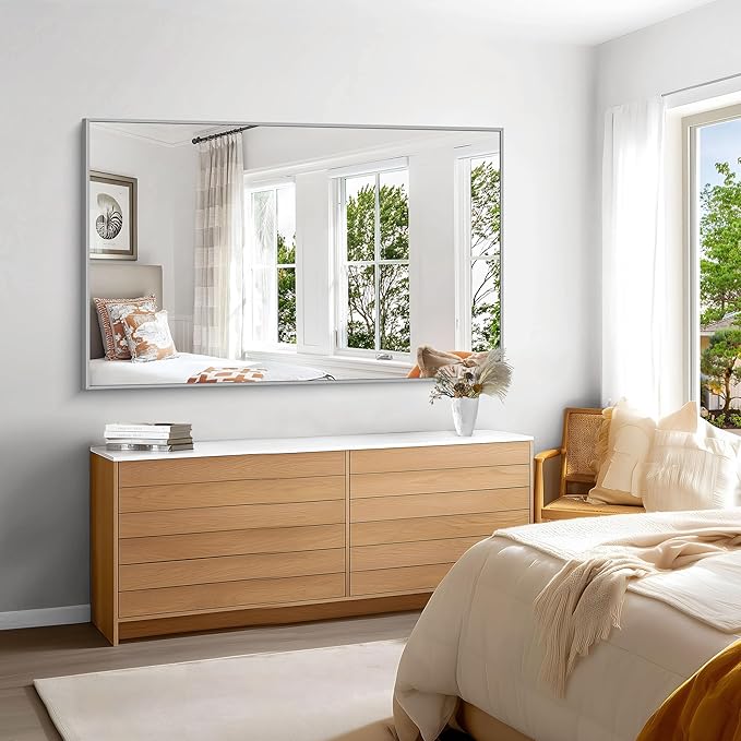 KOCUUY Silver Bathroom Mirror, 60"x36" Large Rectangle Bathroom Mirror for Wall, HD Tempered Glass, Anti-Rust Brushed Silver Frame, Modern Design for Bathroom, Bedroom, Hang Horizontal/Vertical