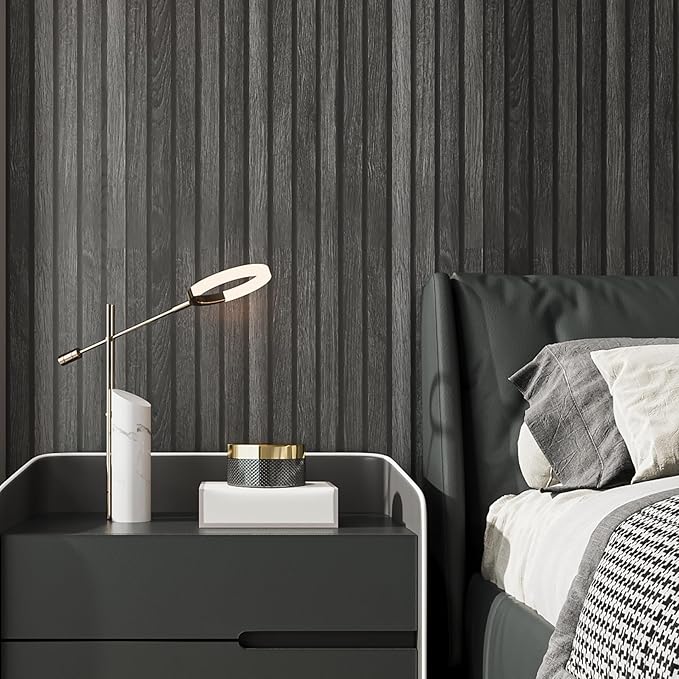 Livelynine 15.8x394 Inch Wood Black Peel and Stick Wallpaper for Bathroom Renter Friendly Wood Slats for Wall Ceiling Slate Dark Moody Black Wall Paper Peel and Stick Cabinet Vinyl Wrap for Kitchen