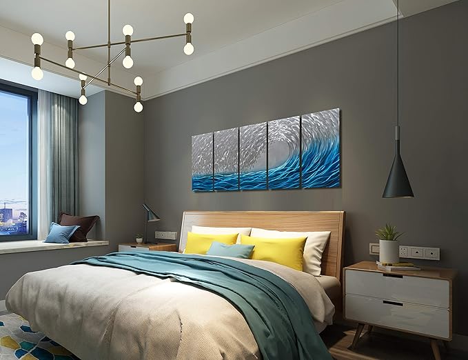 BATRENDY ARTS Extra Large Beach Metal Wall Art Hand-Crafted Blue and Silver Sea Wave Panels Decor Modern Artwork Scupltures for Living Room Decorations