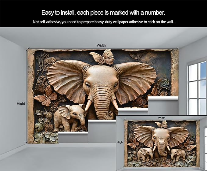 African Elephants Mural Wallpaper, Greek Reliefs Murals, Butterflies Flowers Murals Wallpaper for Living Room Bedroom Home Decor Mural - 137.8" W x 122" H (Not Peel Stick)