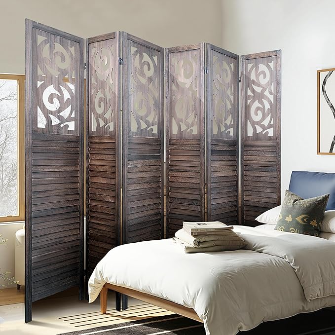 6 Panel Room Divider 5.6FT Wood Carved Room Dividers, Folding Privacy Screens Portable Freestanding Partition Wall Dividers for Bedroom, Office, Rustic Brown