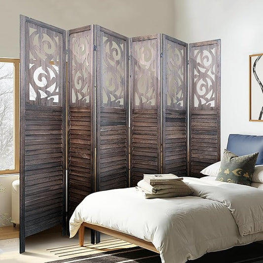 6 Panel Room Divider 5.6FT Wood Carved Room Dividers, Folding Privacy Screens Portable Freestanding Partition Wall Dividers for Bedroom, Office, Rustic Brown