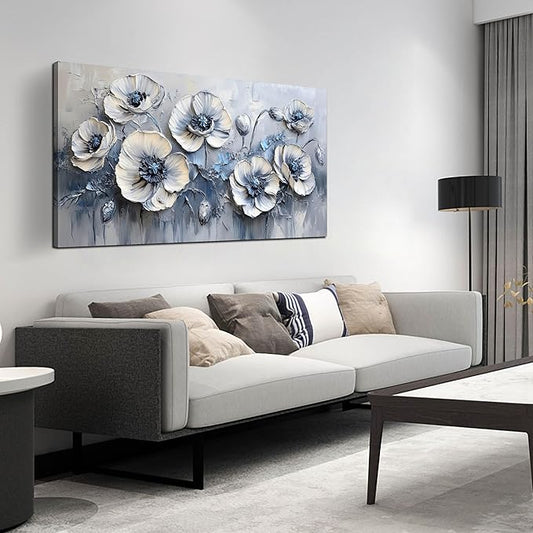 AOZEMI Large White Flower Canvas Wall Art for Living Room Bedroom Home Office Blue Picture Modern Floral Canvas Wall Decor Prints Artwork 24"x 48"