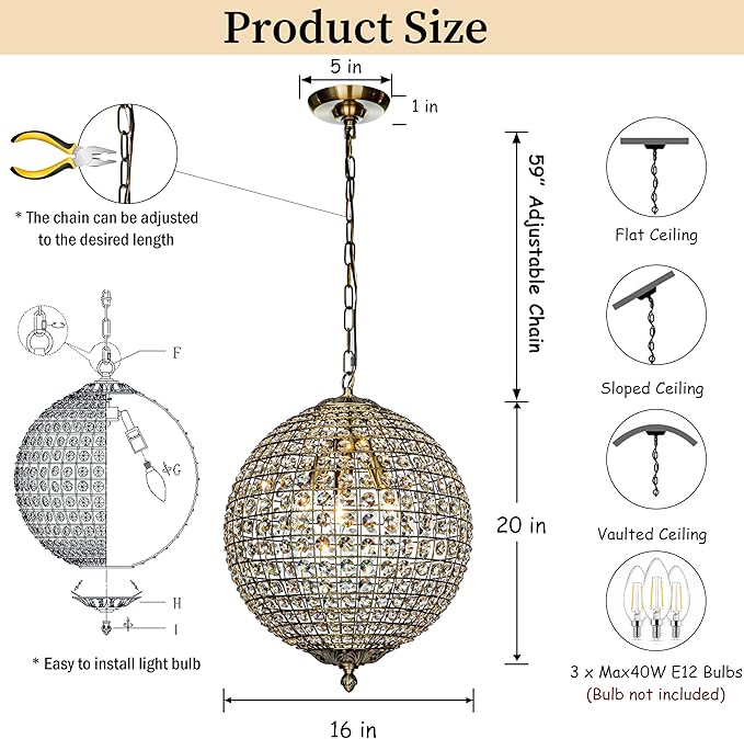 ALOADECOR 3-Light 16" Retro Antique Gold Crystal Globe Chandelier Sphere Cage-Style Shade Pendant Light for Kitchen Isl and Dining Room