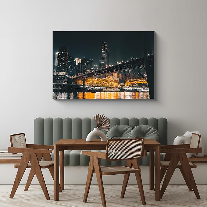 NAN Wind 1PCS Chongqing City Nightscape Canvas Wall Art Illuminated Chinese Skyline with Bridge Skyscrapers Modern Urban Landscape Photography Print for Living Room Office Bedroom Decor
