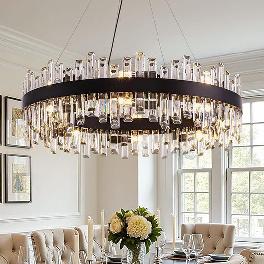 Modern Crystal Chandelier for Dining Room,16-Light Black Round Chandelier, 31.5-inch K9 Crystal Raindrop Ceiling Light, Luxury Flush Mount Light Fixture for Kitchen Living Room