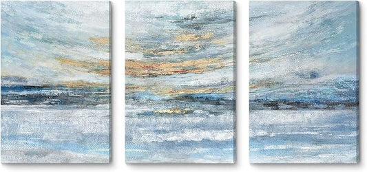 Abstract Canvas Wall Art for Bedroom 3 Piece Ocean Painting Coastal Theme Artwork Blue and Yellow Sunset & Sunrise on the Beach Seascape Picture for Bathroom Living Room Light 12x16inchx3 panel