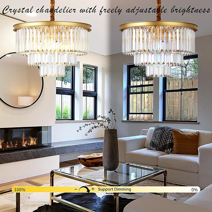 Modern Gold Crystal Chandelier,3-Tier Round Pendant Ceiling Fixture with Height Adjustable Luxury Hanging Chandelier for Dining Room,Living Room,Entryway,Bedroom,Kitchen,and Foyer (Gold Crystal-3)