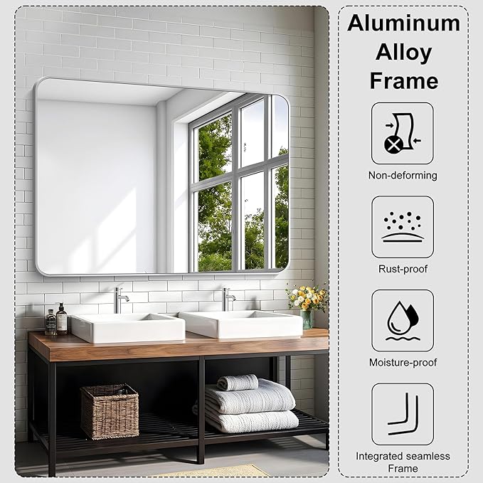 KOCUUY Silver Bathroom Mirror, 48x36 Inch Large Bathroom Mirror for Over Sink, HD Tempered Glass, Anti-Rust Brushed Silver Frame, Rounded Corner Modern Design for Bathroom, Hang Horizontal/Vertical