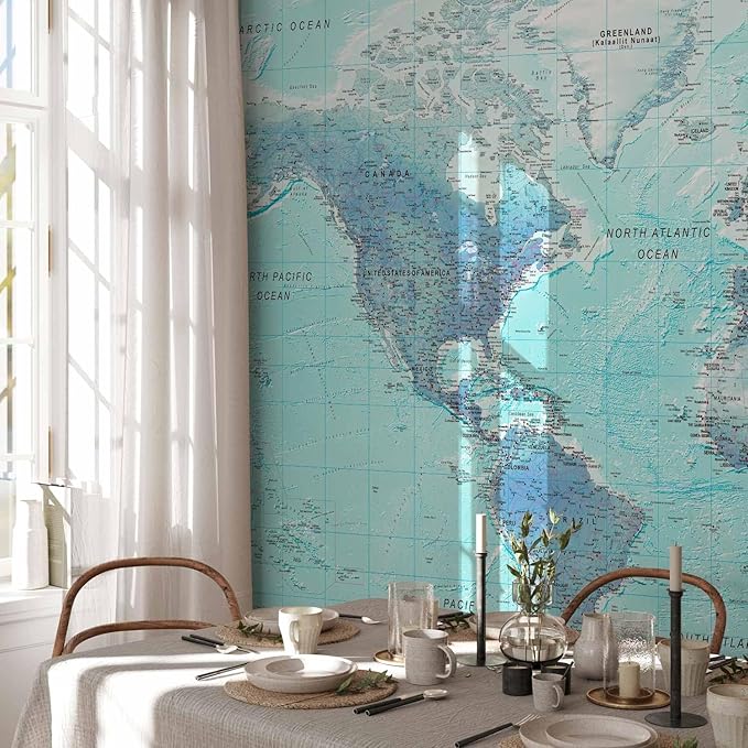 artgeist Wall Mural World Map 138x101 in - XXL Non-Woven Wallpaper Fleece Wall Decor Photo Print Picture Image Design Home Map of The World k-A-0091-a-b