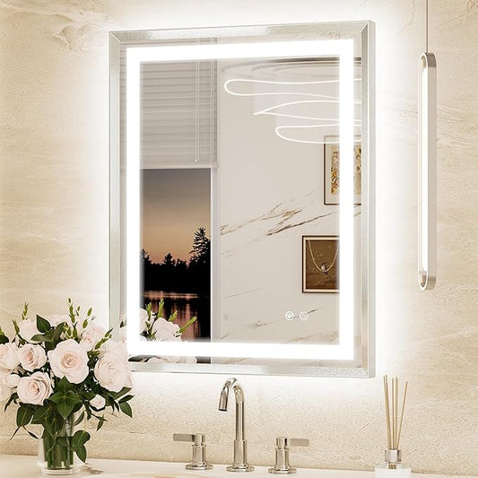 Keonjinn LED Mirror for Bathroom 24 x 30 in, Brushed Nickel Frontlit & Backlit Bathroom Mirror with Lights, Brushed Beveled Framed, Tempered Glass, UL Listed LED Driver, 3-Color Dimmable, Anti-Fog