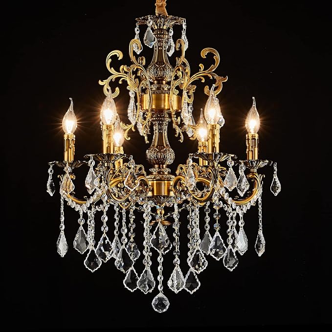 6 Light Classic Traditional Candle-Style Crystal Chandeliers for Dining Room Living Room Bedroom entryway Antique Gold Finish