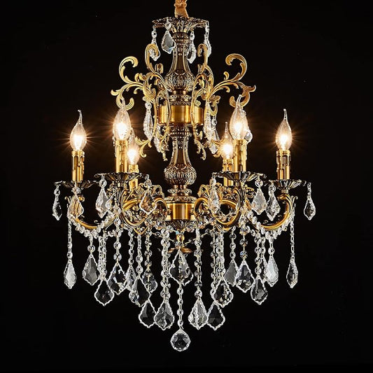 6 Light Classic Traditional Candle-Style Crystal Chandeliers for Dining Room Living Room Bedroom entryway Antique Gold Finish