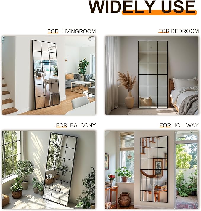 Delma Full Length Mirror, 30"x 70" Window Pane Decorative Mirror for Wall, Black Metal Framed Wall Decor, Wall Mounted, Hanging or Leaning for Bedroom, Living Room, Entryway