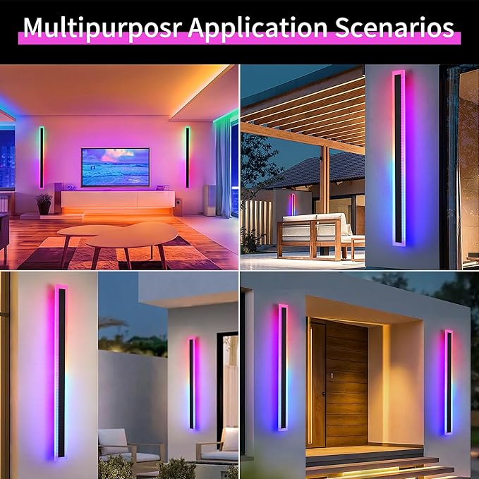 2-Pack 40in Long Outdoor Modern LED Wall Light, 30W IP65 Waterproof Warm/RGB LED Wall Mount Lighting Fixture, Color Changing Long Outdoor Wall Light Dimmable Black Exterior Wall Sconce