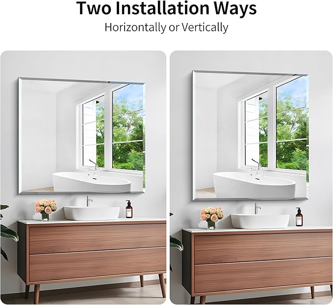 KOCUUY Beveled Mirror, 40x36 Inch Large Frameless Bathroom Mirror for Over Sink, Upgraded Shatterproof Beveled Unframed Design Mirror for Bathroom, Bedroom, Hang Horizontal/Vertical