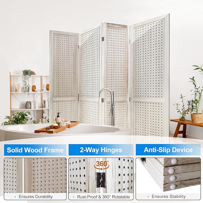 2 PCS Room Dividers 4 Panel Pegboard Display 5.6FT Wood PegBoard Room Divider,Folding Privacy Screens Portable Freestanding Partition Wall Divider for Art Shows & Room Separation, Natural Wood