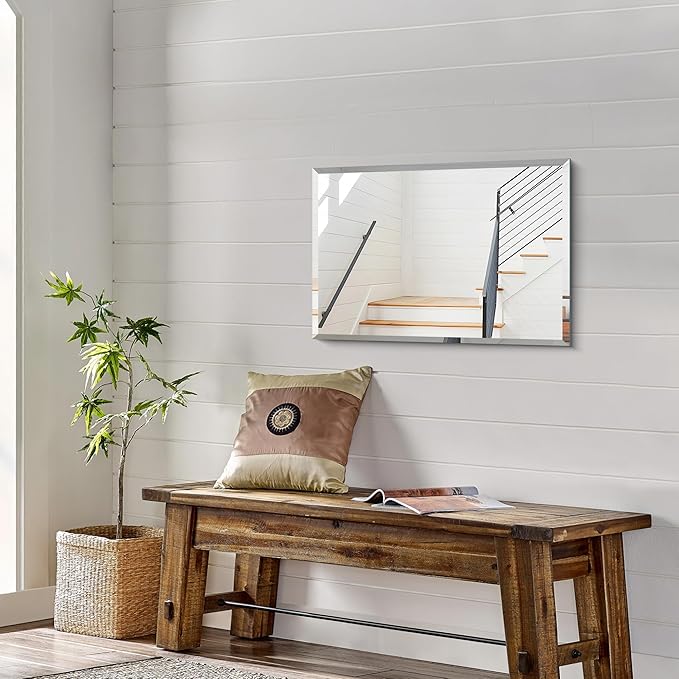 KOCUUY Frameless Bathroom Mirror, 16x24 Inch Beveled Mirror for Over Sink, Upgraded Shatterproof Unframed Design with Beveled Edge Mirror for Bathroom, Bedroom, Entryway, Hang Horizontal/Vertical
