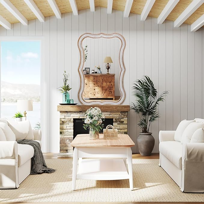 35" x 24" Rustic Farmhouse Mirror for Wall Decor, Wooden Beads Decorative Mirrors for Living Room, Bedroom, Hallway, Bathroom, Entryway - Vertical or Horizontal Hanging