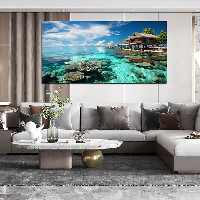 Ocean Scenic Canvas Wall Art, Blue Seascape Wall-Decor Picture, Ocean Scenery Canvas Decoration, Coastal Landscape Print Decorative Artwork for Home living Room Bedroom, Large Size 59x29 Inches