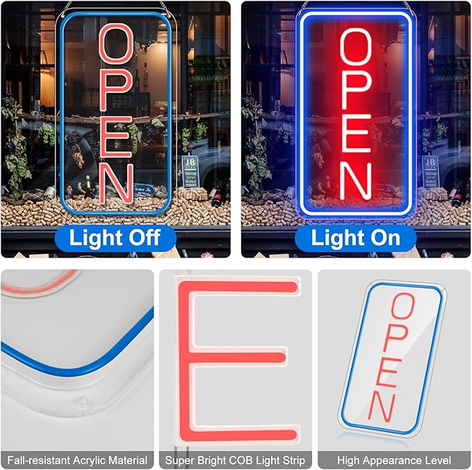 22.8"x 11.8" Ultra Bright 12V Neon Open Sign for Business, LED Open Neon Sign, Electric Light up Signs for Stores, Restaurants Offices Retail Shops Window (Blue-Red-Vertical)