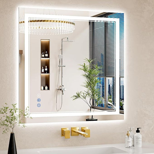30"x30" LED Bathroom Mirror with Lights, Anti-Fog, Backlit + Front Lit, Dimmable, Led Vanity Mirror for Wall, Lighted Bathroom Mirror,3 Colors, Shatter-Proof Tempered Glass