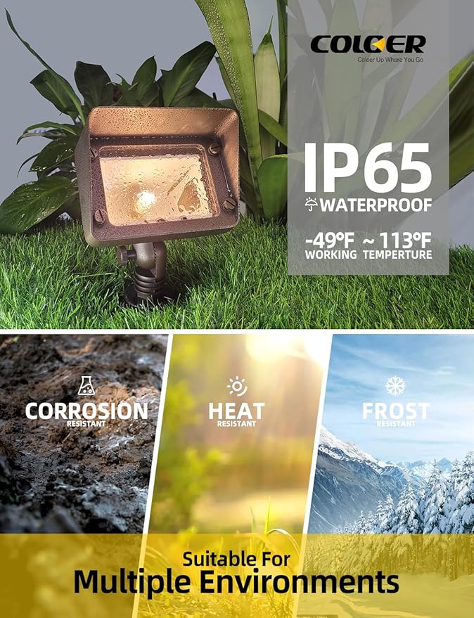COLOER Brass Rectangular Flood Lights 6-Pack Without Blub, 12V Low Voltage Landscape Floodlights for Outside, Outdoor Wall Lights Illuminating Signs, Walls and Plant Material