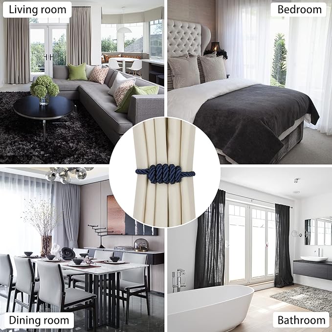 BEL AVENIR Magnetic Curtain Tiebacks, Decorative Drapery Holdbacks Modern Woven Tie-Backs with Exquisite Knot (Navy, 6 Pack)