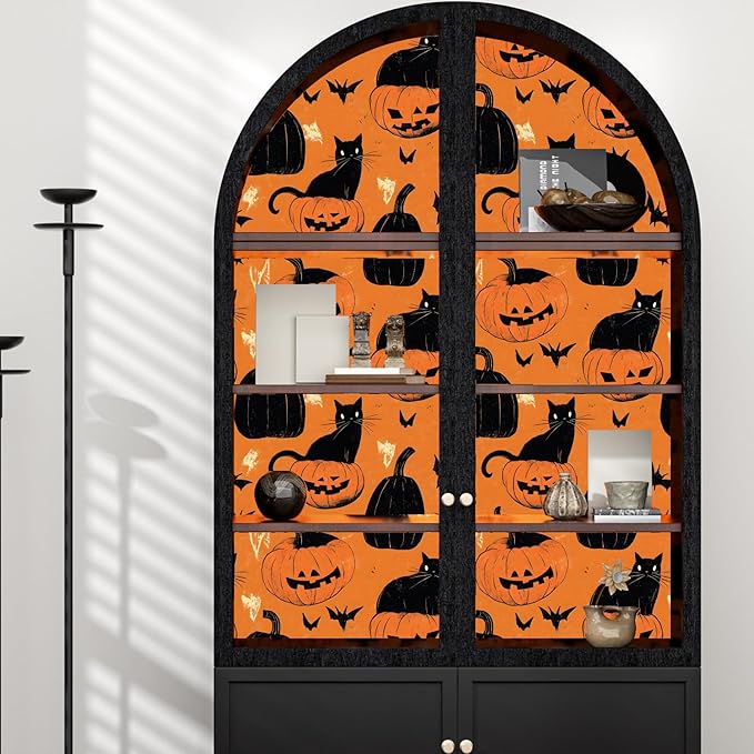 Cat Peel and Stick Wallpaper Boho Pumpkin Contact Paper Orange Floral Removable Self Adhesive Waterproof Wall Paper for Cabinet Drawers Wall Decor Renter Friendly 17.5''x118''