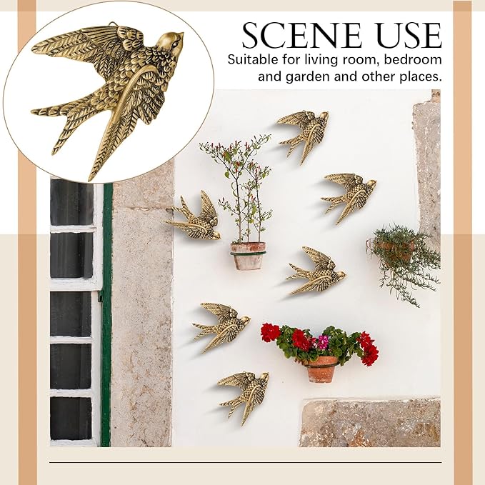 6 Pcs Vintage Bird Wall Sculpture Decor Art 4.7 Inch Antique 3D Sculpted Hanging Bird Resin Wall Art Golden Brass Rustic Floating Ornament for Living Room Garden Indoor Outdoor, Gift for Christmas
