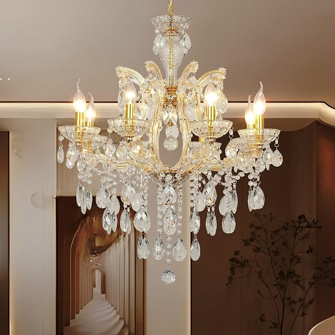 Luxury Maria Theresa Chandelier Light Fixture Modern Gold 8-Light Crystal Chandelier for Bedroom, Dining Room, Living Room, W23.6*H22 with Adjustable Chain