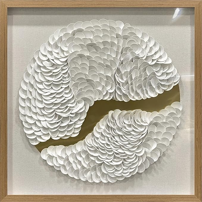 BrightA White Leather Wall Art Wall Sculpture Eclectic Decor Handcrafted Layered Texture with Wooden Shadow Frame Acrylic Protected Modern Abstract Decor for Living Room/Gallery 31.5"x31.5"