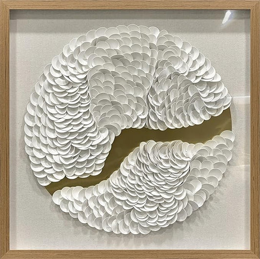 BrightA White Leather Wall Art Wall Sculpture Eclectic Decor Handcrafted Layered Texture with Wooden Shadow Frame Acrylic Protected Modern Abstract Decor for Living Room/Gallery 31.5"x31.5"