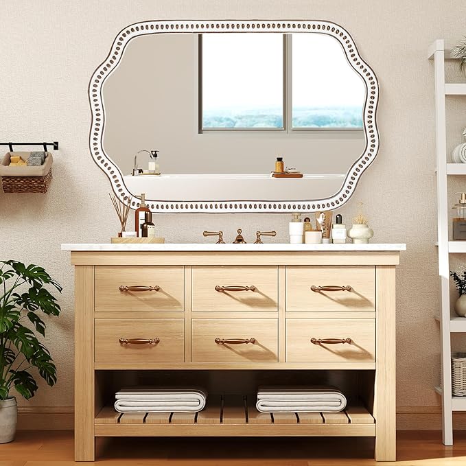 24x36 Inch Wooden Scalloped Farmhouse Mirror for Wall Decor, Rustic Decorative Mirrors for Living Room, Bedroom, Entryway, Bathroom Over Sink - Horizontal/Vertical Mount