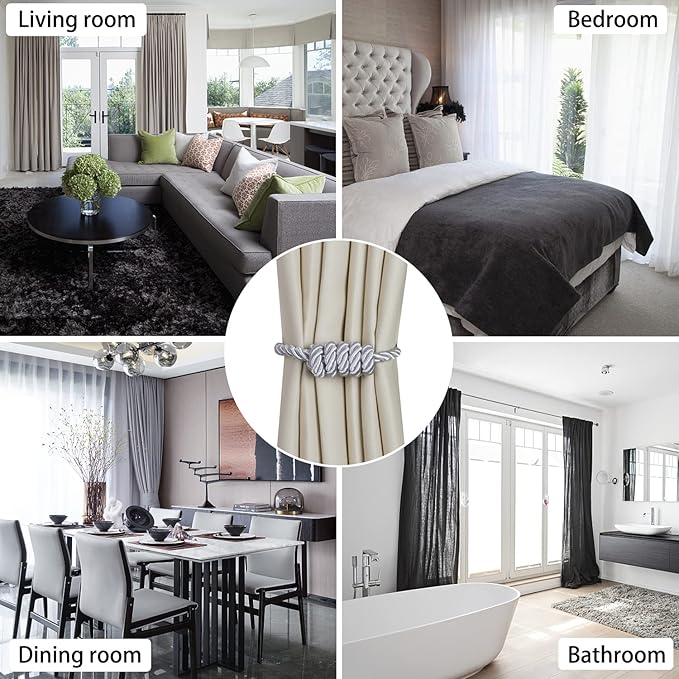 BEL AVENIR Magnetic Curtain Tiebacks, Decorative Drapery Holdbacks Modern Woven Tie-Backs with Exquisite Knot (Sliver, 2 Pack)