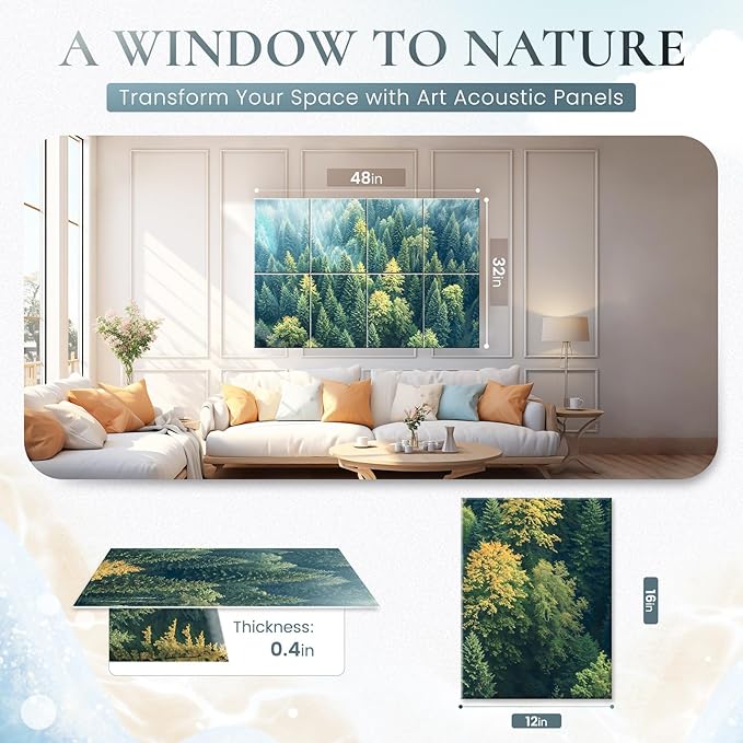 8 Pack Decorative Sound Absorbing Panels, Sound Absorbing Wall Art, 48X32 Inches Acoustic Wall Art for Decoration, Art Acoustic Panels, Acoustic Treatment, Adhesive Included, Green Forest