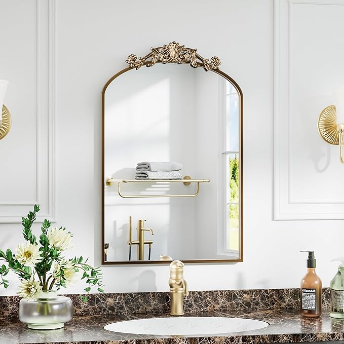 Antique Arched Wall Mirror, 22"x30" Vintage Gold Bathroom Mirror - Baroque Metal Frame Brass Mirror for Living Room, Bathroom, Fireplace, Entryway, Bronze