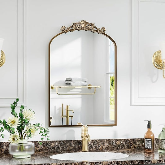 Antique Arched Wall Mirror, 22"x30" Vintage Gold Bathroom Mirror - Baroque Metal Frame Brass Mirror for Living Room, Bathroom, Fireplace, Entryway, Bronze