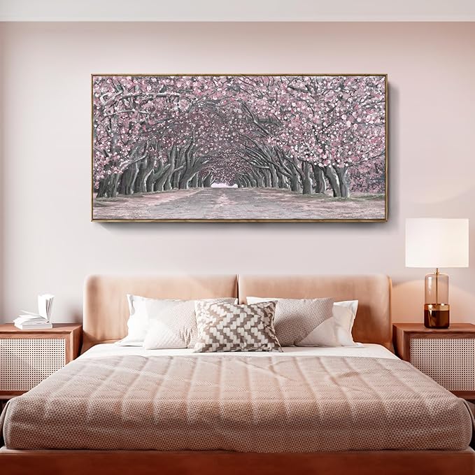 Nicetop Big Framed Canvas Wall Art for Living Room – Large Pink Abstract Floral Canvas Print Cherry Blossom Tree Tunnel Artwork – Oversized Spring Landscape Picture Bedroom Girls Women Decor 58x29Inch