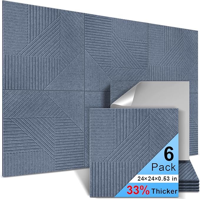 6 Pack Acoustic Wall Panels Self-Adhesive, 23.6" X 23.6" X 0.5" Decorative Acoustic Panels, Soundproof Wall Panels for Studio, Home & Living Room, Polyester - Grille Cement Gray