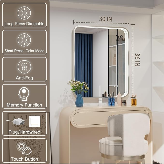 30x36 Inch Silver LED Bathroom Mirror with Lights, Adjustable 3000K/4500K/6000K, Lighted Bathroom Vanity Mirrors, Wall Mounted, Memory Stepless Dimmable, Anti-Fog, Horizontal/Vertical
