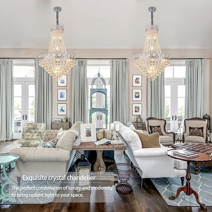 KoKo&Yukina Chrome 23.6" French Empire Crystals Chandeliers 14 Lights K9 Crystal Chandeliers Modern Adjustable Hanging Chandelier Farmhouse Crystal Chandelier for Living Room Dining Room Bedroom