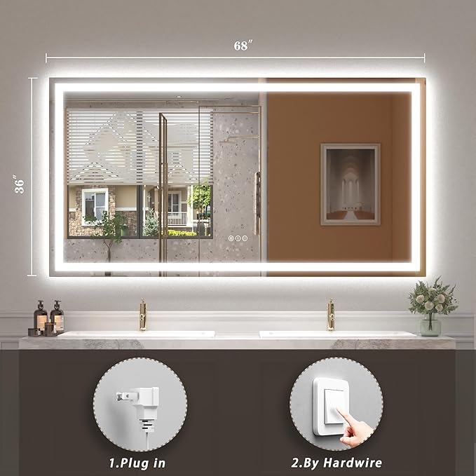 68x 36 Inch Lighted Bathroom Mirror for Wall, LED Illuminated Vanity Mirror with Lights, Dimmable, Anti-Fog, ETL Listed (Backlit and Front Lighted)