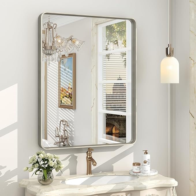 24x30 Inch Silver Bathroom Mirror, Brushed Metal Framed Vanity Mirror for Wall, Rounded Corner Rectangle Mirror, Anti- Rust (Horizontal/Vertical)