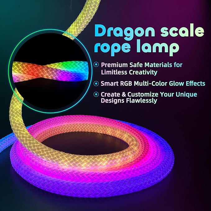 6.56ft Neon LED Rope Lights, 360 Led Light Strip Waterproof Strip with Music Sync,Remote & APP Control,USB-Powered Flexible Lighting for Indoor/Outdoor Gaming Room,Bedroom, and Wall Decor